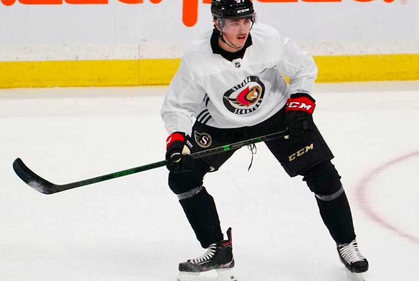  Shane Pinto skates during his first full practice as a member of the Ottawa Senators.