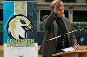  Dr. Randy Gregg unveils the Edmonton Riverhawks on Sept. 15, 2020. The baseball club, will play out of Re/Max Field in the West Coast League. Greg Southam / Postmedia, file
