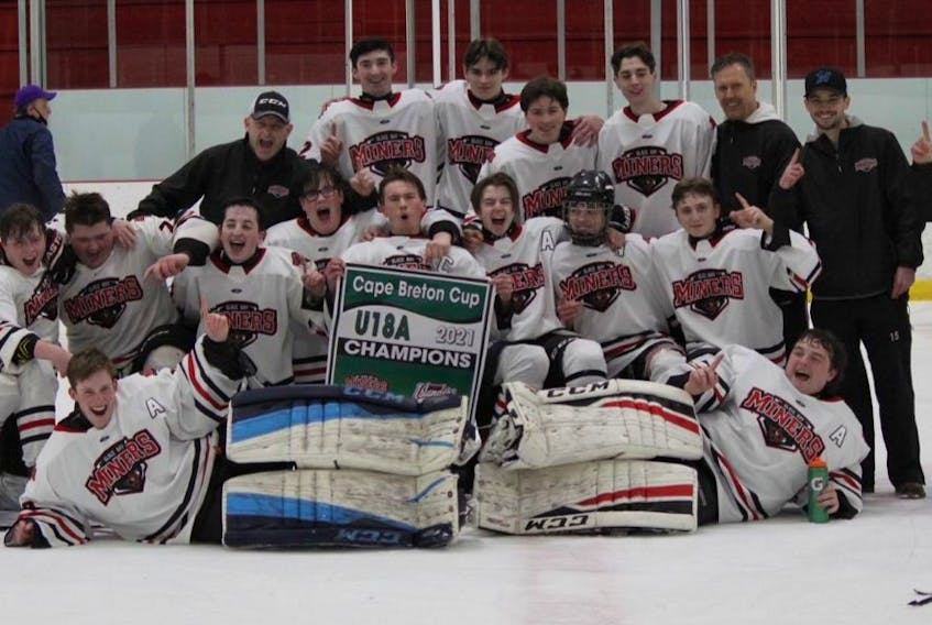 The Glace Bay Miners captured the Under-18 Cape Breton Cup title with a 4-2 victory over the Cape Breton County Islanders in the league championship game at the Cape Breton County Recreation Centre in Coxheath on March 22. Members of the team, in no particular order, Noah MacAulay, Michael O’Neil, Josh Musial, Braeden Hogan, Jack Young, Dayton Cosnick, Ryan Ellsworth, Ethan MacAulay, Kolby Campbell, Zach Wilcox, Matt Jewells, Jacob Routledge, Carter MacNeil, Caleb Nearing and Michael MacLean. Coaches include Darrell MacAulay, Michael Routledge, Terry Wilcox and Mac MacDougall. The team’s manager is Shelley Nearing. CONTRIBUTED • DARRELL MACAULAY