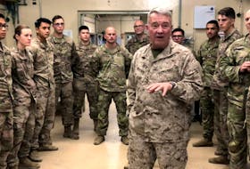 Marine Gen. Kenneth McKenzie speaks with U.S. troops while visiting Forward Operating Base Fenty in Jalalabad, Afghanistan. Reuters file photo