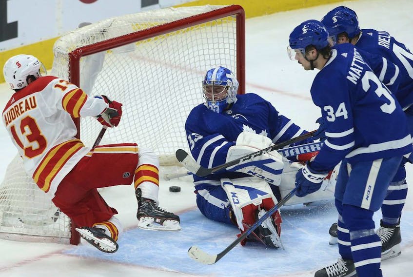 Toronto Maple Leafs David Rittich G (33) in the pipes for his first game during the first period in Toronto on Tuesday April 13, 2021. Jack Boland/Toronto Sun/Postmedia Network