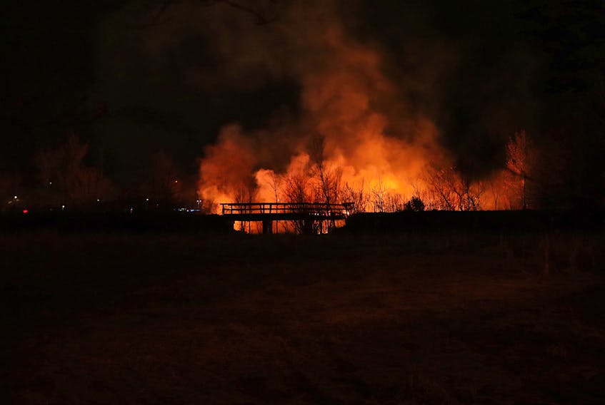 Firefighters were dispatched to this bridge fire in Kentville shortly after 11:15 p.m. on April 13. – Adrian Johnstone 