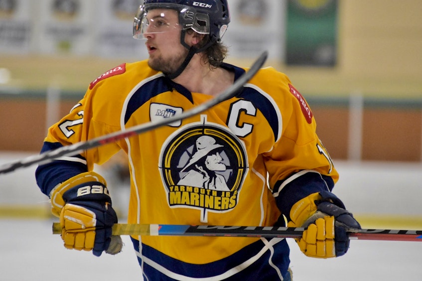 Yarmouth Mariners captain Jonathan Rees says the biggest adjustment of the 2020-2021 MHL season has been fewer fans allowed in the stands but the team continues to be grateful for their fanbase support. TINA COMEAU • TRICOUNTY VANGUARD 