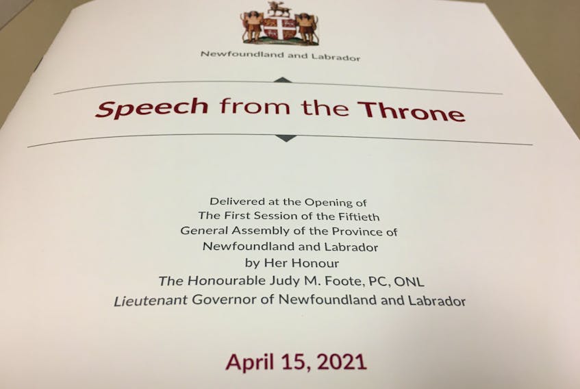 Lt.-Gov Judy Foote delivery the speech from the throne for the newly-formed Andrew Furey-led Newfoundland and Labrador government.