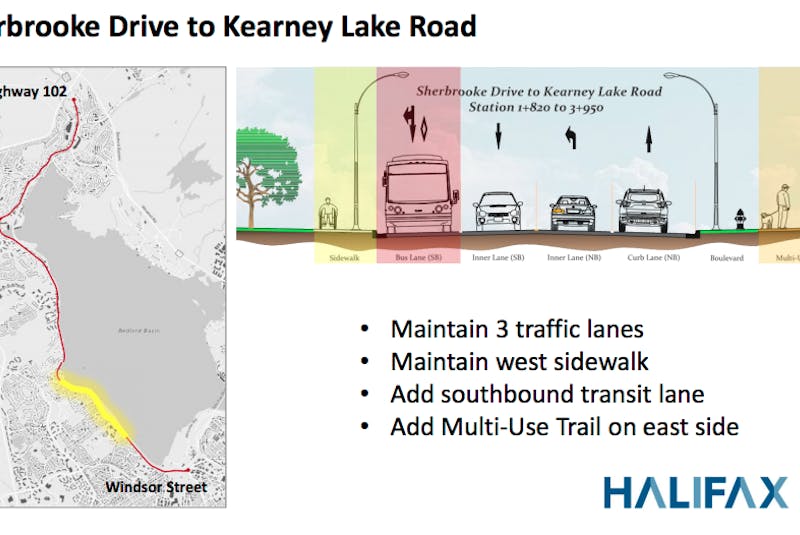 HRM is looking at a new multi-modal vision for the Bedford Highway. Between Sherbrook Drive and Kearney Lake Road, one of the four lanes is to be dedicated to Halifax Transit for inbound routes.