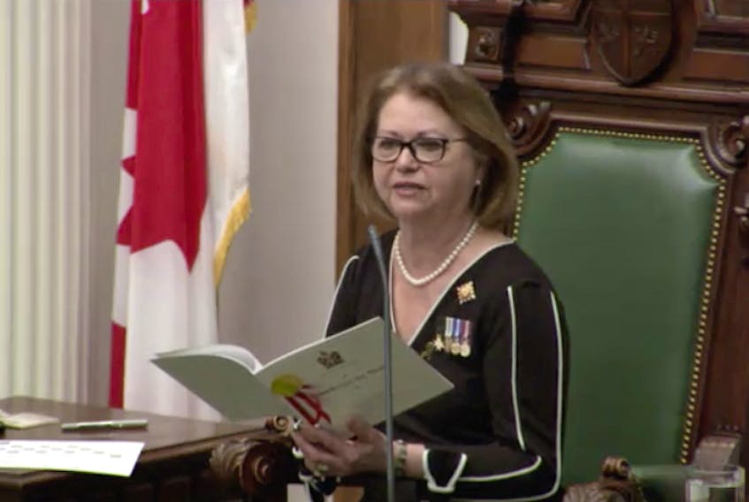 Lt.-Gov. Judy Foote reads the speech from the throne Thursday in the House of Assembly. Screengrab