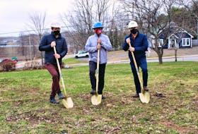 Three Rivers marks the official start of construction of the new administrative building in Montague on April 13 with a sod-turning. Taking part are, from left, Grant MacPherson of WM&M Ltd., Mayor Edward MacAulay and Scott MacNeill of Coles Associates. 