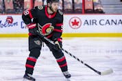  Ottawa Senators defenceman Victor Mete lines up for a face-off Winnipeg Jets during second period NHL action at the Canadian Tire Centre, April 12, 2021.
