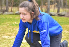 Truro Lions’ short-distance sprinter Isabella Gouthro demonstrates her stance when setting up in the blocks for a race. She was recently recognized for her sportsmanship by Sport Nova Scotia.