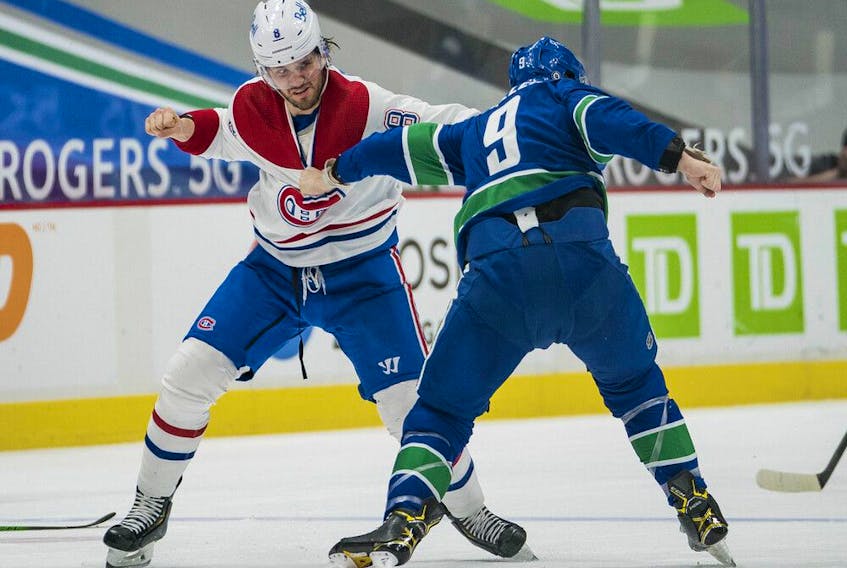 Vancouver Canucks forward J.T. Miller fights with Montreal Canadiens defenceman Ben Chiarot in the first period at Rogers Arena on March 10, 2021, Vancouver. 