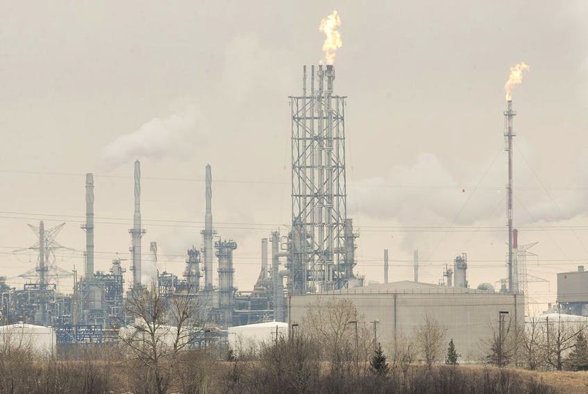 Flaring is visible at the Suncor Energy Edmonton Refinery on March 23, 2017. 