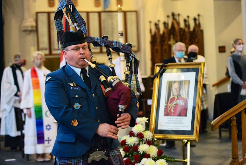 Warrant Officer Scott Pollon plays a closing lament on the pipes at Saturday’s memorial service for Prince Philip the Duke of Edinburgh at Halifax’s Cathedral Church of All Saints.