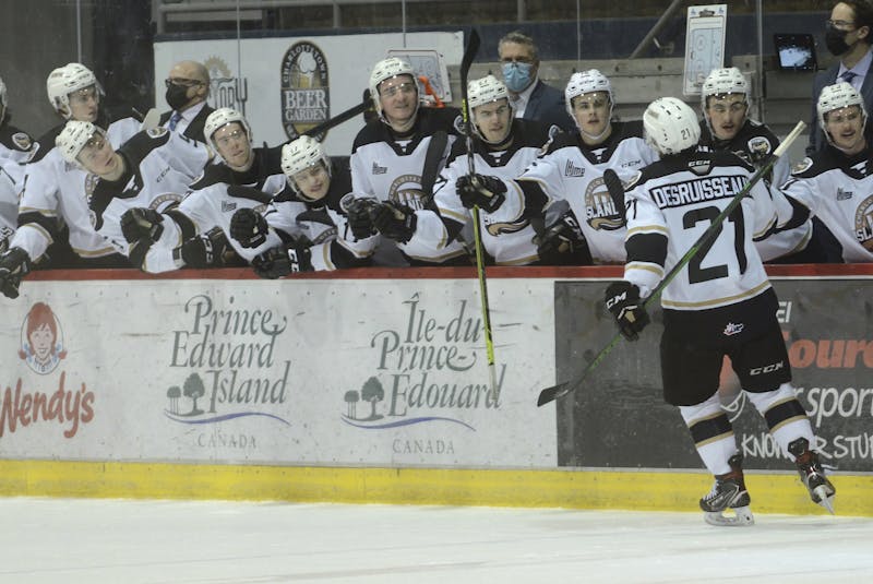 Cédric Desruisseaux celebrates one of his 42 goals this season with his Charlottetown Islanders teammates. He scored his 100th career goal with 31 seconds left in Saturday's final regular season game in Halifax. - Jason Malloy • The Guardian
