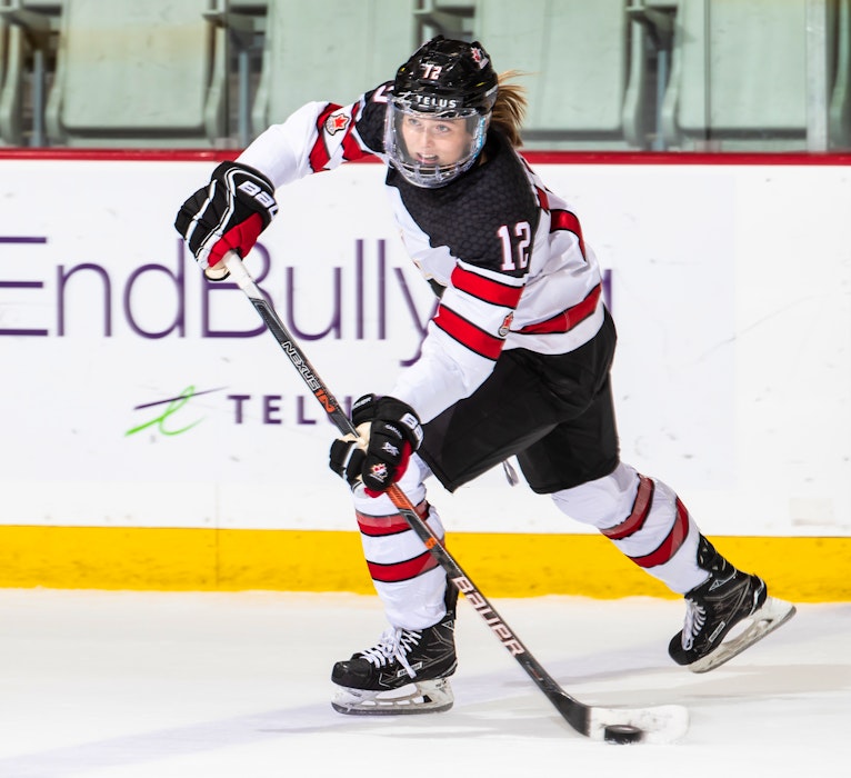 Yarmouth's Allie Munroe feeds a pass during a Team Canada women's development team game versus the United States at Hockey Canada's Summer Showcase in 2018 in Calgary. Munroe is attending the national team's selection camp in Halifax this week. - Hockey Canada Images