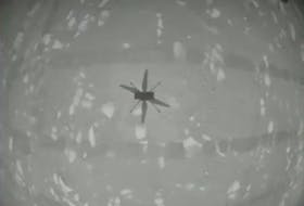 The shadow of NASA's Mars helicopter Ingenuity is seen during its first flight on the planet in this still image taken from a video on April 19, 2021. NASA/JPL-Caltech/ASU/Handout