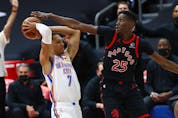 Raptors' Chris Boucher (right) defends Oklahoma City Thunder's Darius Bazley during the second half at Amalie Arena on Sunday, April 19, 2021. 