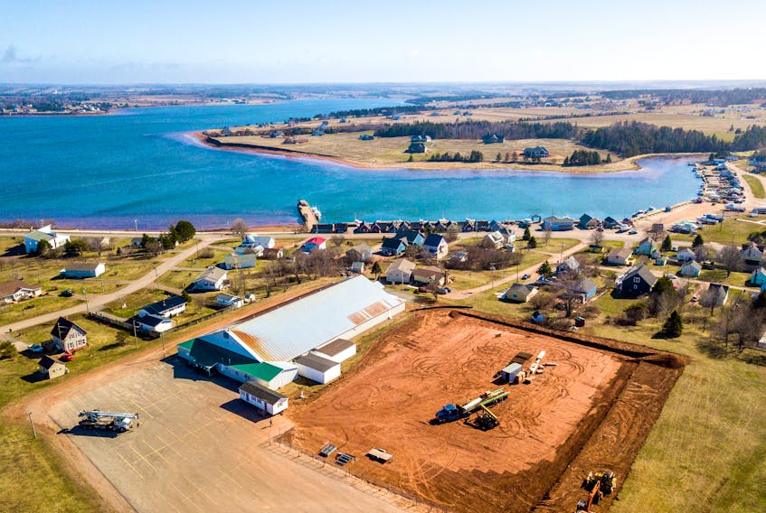 This drone shot captures the beginning of construction of a new, Olympic-sized rink to replace the North Star Arena in North Rustico.