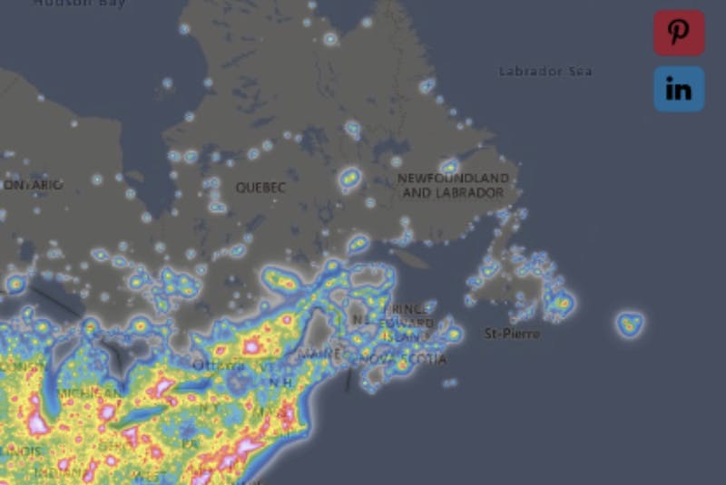 This is a screenshot from lightpollutionmap.info showing the light pollution in Newfoundland and Labrador. As you can see, we have much less than some other provinces and a lot less than the more populated United States. You can visit the website to check out light pollution maps from around the world. - Saltwire network