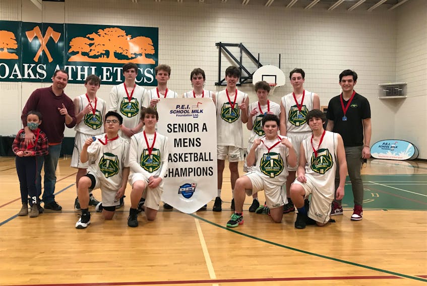 The Three Oaks Axemen defeated the Francois Buote 44-33 in the gold-medal game of the Domino’s Pizza Prince Edward School Athletic Association Senior A Boys Basketball League recently. Members of the Axemen are front row, from left: Josh Geneston, Lucas Paugh, Morgan Gaudet and Jake Jelley. Back row: Olivia MacKendrick, Billy MacKendrick, Cayden Wadman, Connor Murphy, Aiden Little, Nathan Enman, Alex Richard, Brodie Fraser, Riley Gallant and Austin Stewart.