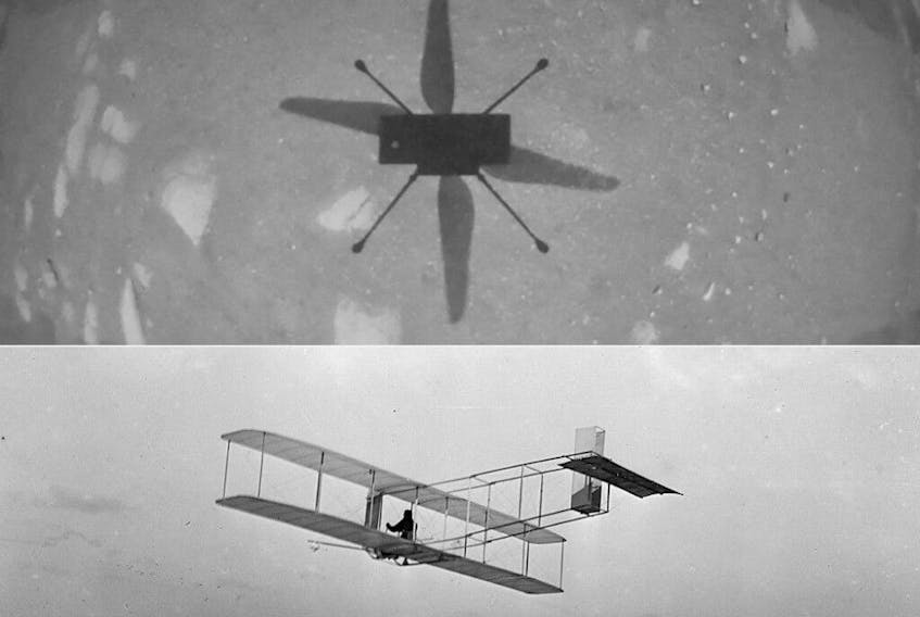 This combination of pictures created on April 19, 2021 shows shows NASAs Ingenuity Mars Helicopter captured in this shot as it hovered over the Martian surface on April 19, 2021, during the first instance of powered, controlled flight on another planet, and this circa 1901 image courtesy of the Library of Congress of a three-quarter left rear view of a glider in flight at Kitty Hawk, North Carolina.
