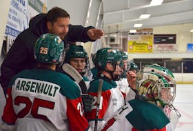 Kensington Monaghan Farms Wild head coach Kyle Dunn talks to forward Donovan Arsenault, 25, during the 2019-20 New Brunswick/Prince Edward Island Major Under-18 Hockey League season at Credit Union Centre in Kensington. Dunn has stepped down after seven seasons as Wild head coach and two years as an assistant with the franchise.