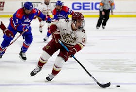 In his first season with Boston College, Alex Newhook tied for the Eagles' scoring lead and led the entire Hockey East conference in rookie scoring. — Boston College Athletics/John Quackenbos
