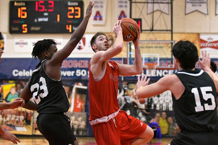 Acadia's Alex Muise eyes the basket against Dal in one of four exhibition games this season. The season of play was severely impacted by the COVID-19 pandemic. - Peter Oleskevich - Contributed