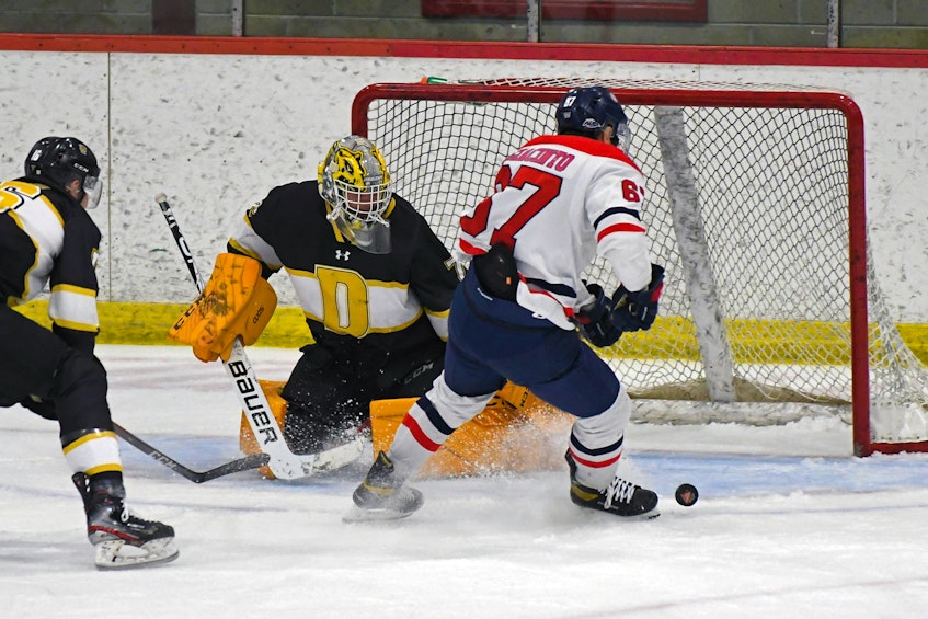 Acadia's Cristiano Digiacinto tries to corral a rebound in front of the Dalhousie net. Acadia’s hockey team missed out on hosting the U Sports Men’s University Cup due to the escalating state of the COVID-19 pandemic in March 2020. – Peter Oleskevich - Contributed