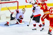  Apr 19, 2021; Ottawa Senators goaltender Matt Murray (30) reacts as Calgary Flames defenseman Michael Stone (not pictured) scores a goal during the third period at Scotiabank Saddledome.