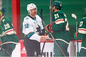 Minnesota Wild defenceman Carson Soucy (21) congratulates San Jose Sharks center Patrick Marleau (12) on his 1,767th career game played at Xcel Energy Center.