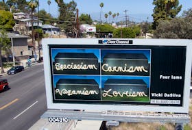 This is the billboard in Los Angeles that features the work, “Four Isms” by Inverness artist Vicki DaSilva. DaSilva is one of 30 North American artists chosen to have their art featured on billboards in the U.S. city. The barn shown in each of the four photos is located in Mabou. CONTRIBUTED