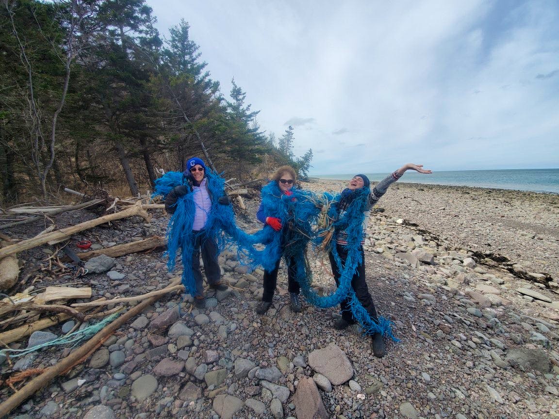 Today is International Earth Day and I can't think of a better way to spend it than taking care of our planet. Angela Riley (left) and her group, Scotian Shores, were in the Bay of Fundy last Friday. She and her team members, Peggy (middle) and Jacqueline (right), found this large piece of rope on the shoreline and decided to have a photoshoot. In the past seven months, the team has collected more than 20,000 lbs -more than 9,000 kgs of debris from our shorelines. Angela then recycles the plastic and debris they gather to create art, which she sells on her website. Thank you for the photo, Angela.