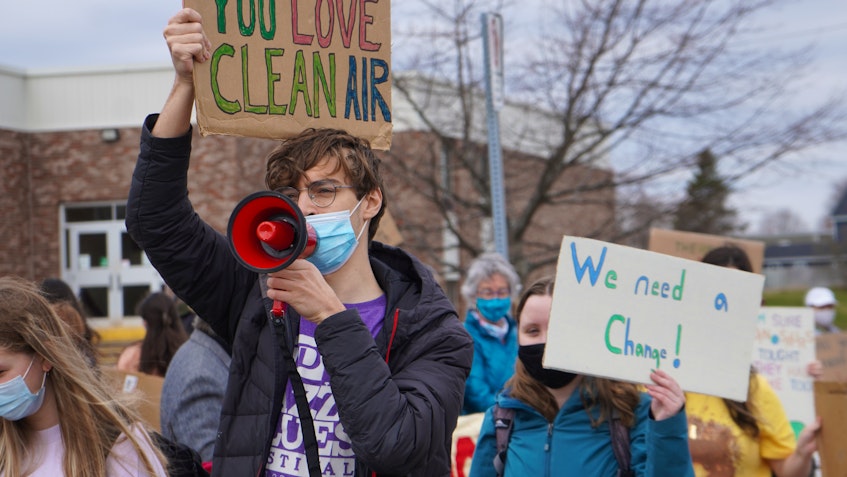 Colonel Gray High School students held a protest against littering and climate change inaction on Spring Park Road in Charlottetown on April 21. - Daniel Brown • Local Journalism Initiative Reporter