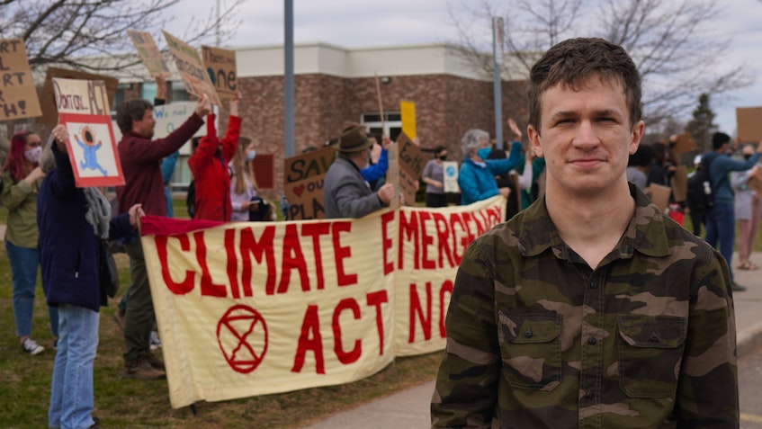 Zachary Preston, a Grade 11 student at Colonel Gray High School in Charlottetown, joined classmates for a protest outside the school on Spring Park Road on April 21. - Daniel Brown • Local Journalism Initiative Reporter