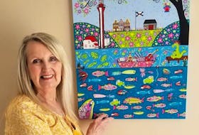 Linda Peterson-Blades is pictured with a painting she completed in March 2020 during the first COVID lockdown. Titled I Love NS Spring, she drew inspiration from some of the music performed on the popular Facebook group, the Ultimate Online NS Kitchen Party.