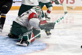 Halifax Mooseheads goalie Brady James kicks out a shot during a Feb. 21 game against the Cape Breton Eagles at the Scotiabank Centre. - Eric Wynne