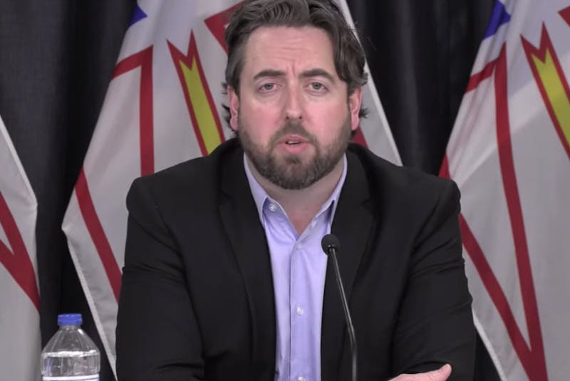 Andrew Parsons, the province’s Minister of Industry, Energy and Technology, addresses reporters Wednesday regarding legislation expected to pass this week in the House of Assembly that will effectively eliminate bonuses for non-bargaining-unit employees of Nalcor and Newfoundland and Labrador Hydro. — Screen grab