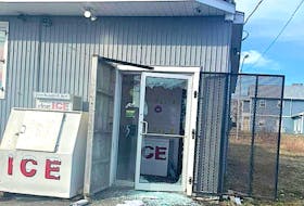 The smashed front door of Cletus' Corner Convenience Store on West Street in Glace Bay, Wednesday morning. Cape Breton Regional Police are investigating the break, enter and theft of the convenience store and the robbery of a Bud’s Taxi driver in Glace Bay, which occurred 20 minutes apart. CONTRIBUTED • FACEBOOK
