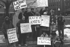 Ecology Action Centre staff and volunteers take part in a protest calling on the federal government to ratify the Koyto Protocol in 1997. Photo submitted Claire Parsons.