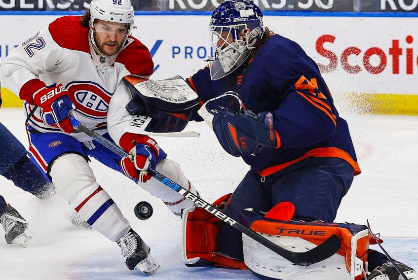 Edmonton Oilers goaltender Mike Smith (41) makes a save against Montreal Canadiens forward Jonathan Drouin (92) during the second period at Rogers Place. 