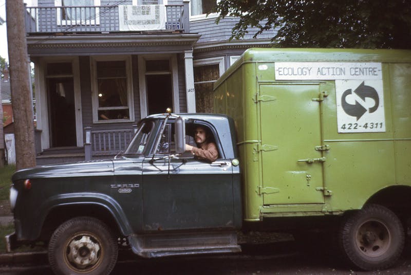 Brian Gifford, an EAC co-founders, drives the 'Paper Tiger' in 1972. This was the truck that early EAC volunteers used to collect paper and bottles in Nova Scotia's first recycling collection program. Photo courtesy of Claire Parsons