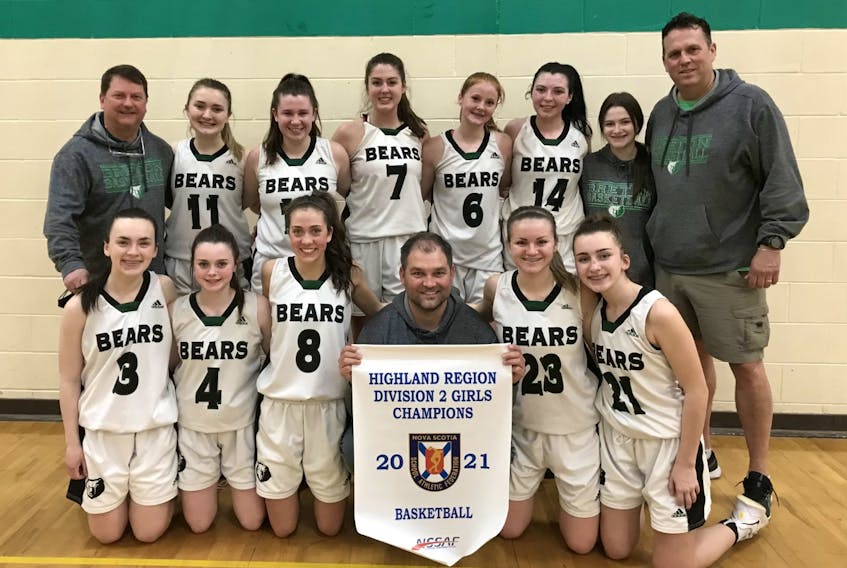 The Breton Education Centre Bears of New Waterford captured the Nova Scotia School Athletic Federation Division 2 girls basketball championship earlier this month. The Bears defeated the Strait Area Education Recreation Centre Saints of Port Hawkesbury 76-14 at BEC gym. From left, front row, Maria Morrison, Hannah Barry, Chloe MacPherson, Jason Hogan (coach), Rebecca Campbell and Catie Chiasson; back row, Ron Carew (coach), Meghan MacKinnon, Kelsie Neville, Emmy Donovan, Courtney Kelly, Gerrylynn Donovan, Madison Oliver and Doug MacKinnon (coach). CONTRIBUTED • DOUG MACKINNON