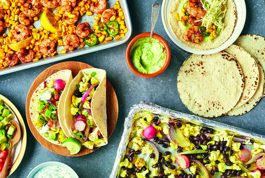 Cauliflower tacos from Sheet Pan Everything (pictured with shrimp tacos, top left).