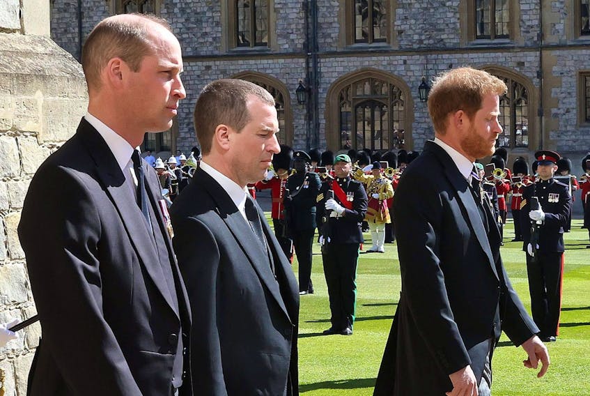 Prince Harry, Duke of Sussex (foreground), and other Royals, follow Prince Philip, Duke of Edinburgh's coffin during the Ceremonial Procession during the funeral of Prince Philip, Duke of Edinburgh at Windsor Castle on April 17, 2021 in Windsor, England. 
