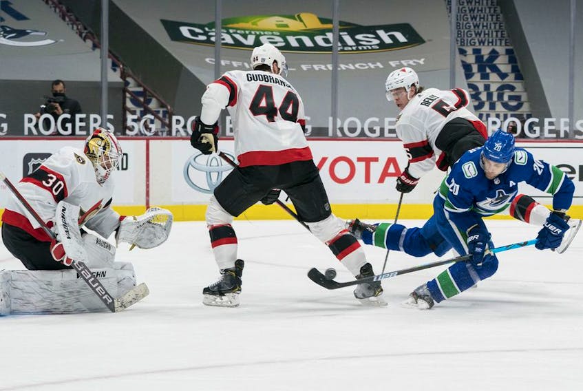 Goalie Matt Murray, here holding the fort against Canucks forward Brandon Sutter during a Rogers Arena game in January, has been a standout in net for the Senators since returning from injury, with two wins — including a shutout — in three games and a .938 save percentage.