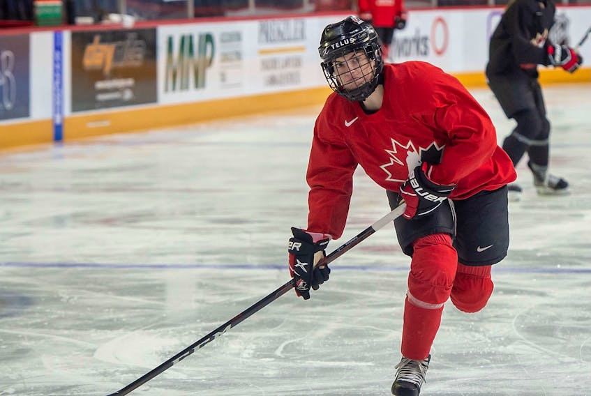 Blayre Turnbull of Stellarton fires a shot on goal during a Team Canada practice at the national women's hockey team's selection camp at Scotiabank Centre. - Hockey Canada Images 