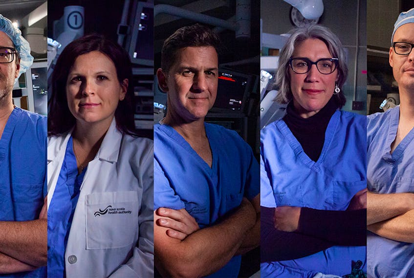 From left to right: The QEII’s Dr. Ricardo Rendon, Dr. Stephanie Scott, Dr. Greg Bailly, Dr. Katharina Kieser and Dr. Ross Mason are among the physicians who contributed to the QEII Foundation’s surgical robotics campaign. - Photo Courtesy QEII Foundation.