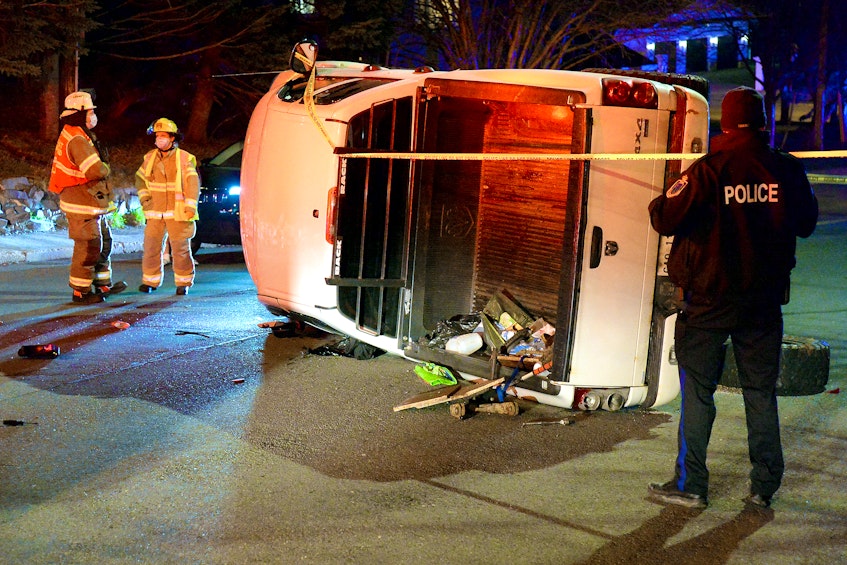 There were no serious injuries when a pickup overturned during an apparent hit and run in St. John's Friday night. Keith Gosse/The Telegram