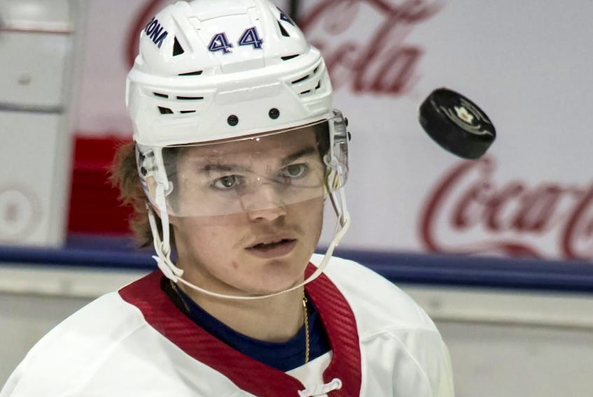AHL Laval Rocket and Montreal Canadiens right-winger prospect Cole Caufield takes part in the pre-game skate prior to playing his first AHL game against the Toronto Marlies on April 9, 2021. 