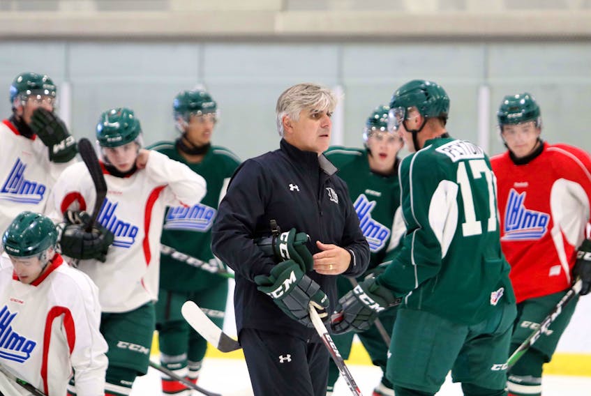 J.J. Daigneault puts the Halifax Mooseheads through their paces during an Aug. 30, 2020 training camp practice at the RBC Centre in Dartmouth. - Eric Wynne
